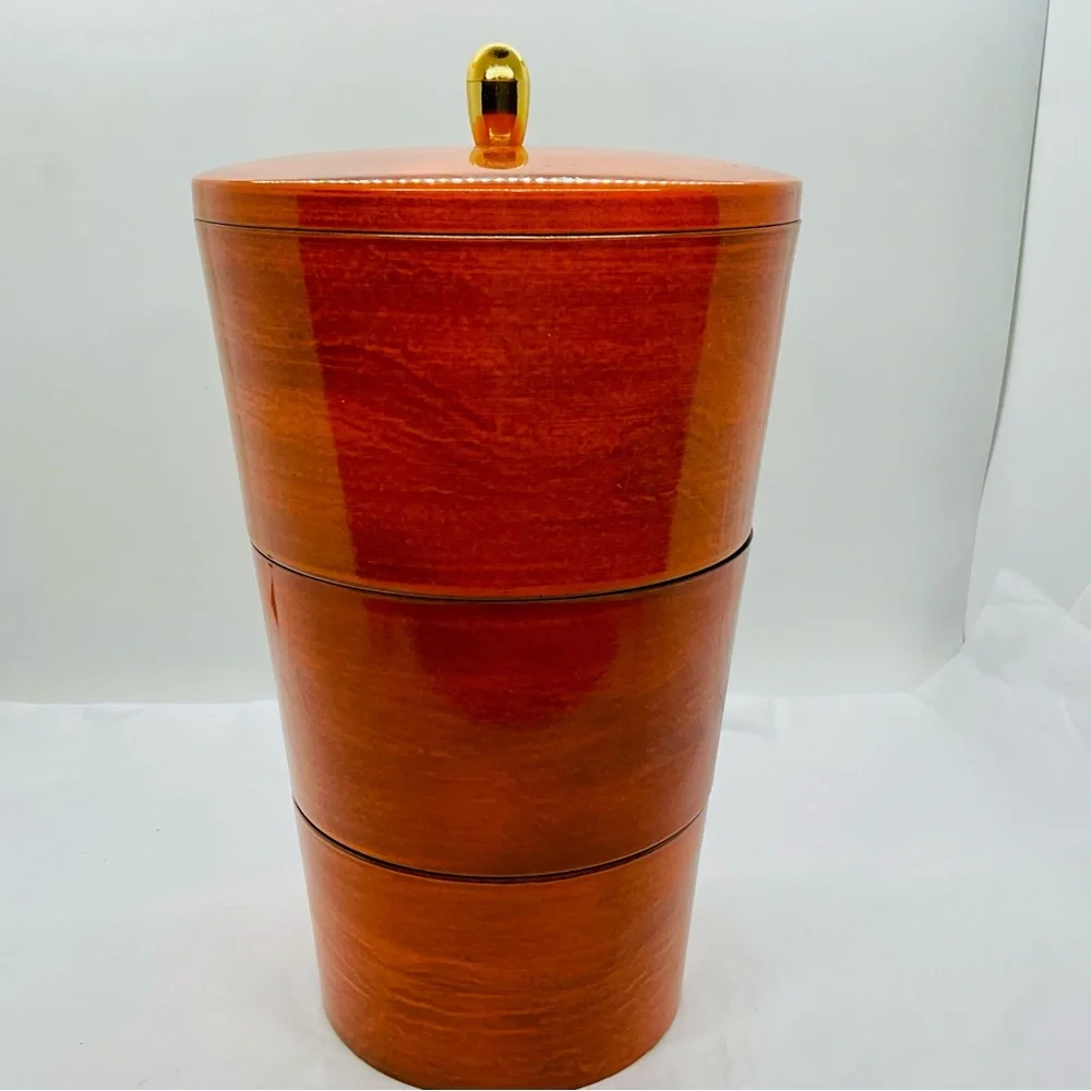 VTG Orange Lacquer Ware Stacking Nesting Set 3 Bowls & Lid Floral Design - Japan